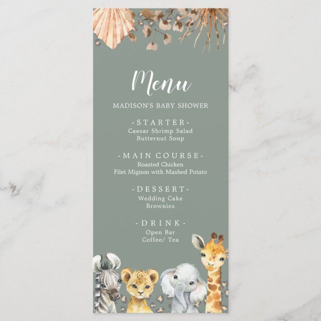 Boho Sage Green Safari Oh Boy Baby shower Menu (Devant)