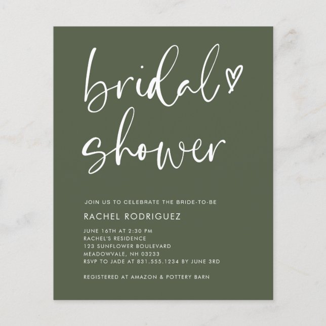 Boho Script Olive Green Fêtes des mariées Invitati (Devant)