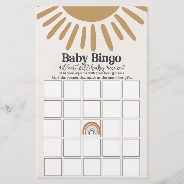 boho soleil bébé bingo, jeu de baby shower (Devant)