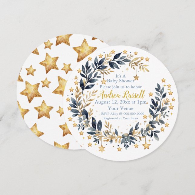 Boho Stars Greenery Baby Shower Invitation (Devant / Derrière)