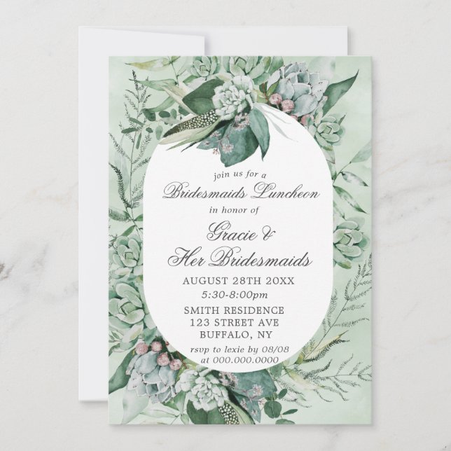 Boho Succulent Bridesservantes Luncheon Invitation (Devant)