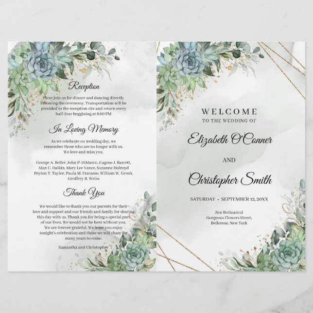 Boho succulent eucalyptus mariage cadre or (Devant)