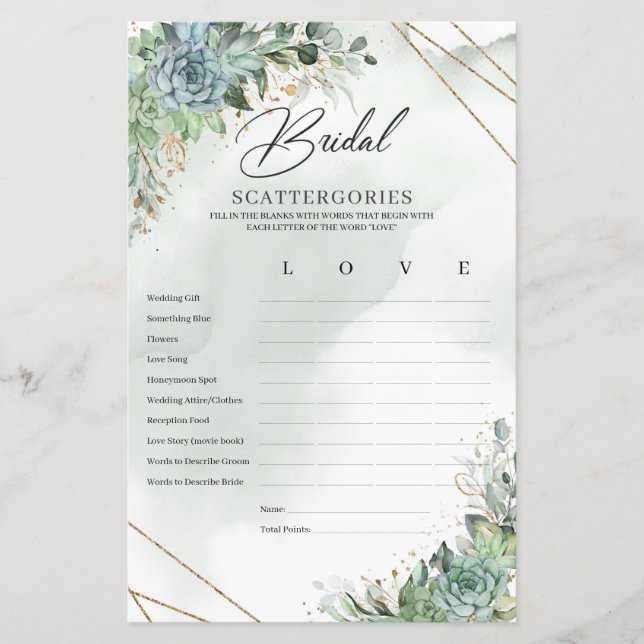 Boho succulent eucalyptus Scattergories nuptiales (Devant)