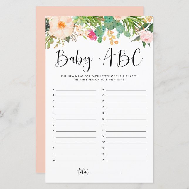 Boho Succulents Baby ABC Baby shower Jeu (Devant / Derrière)