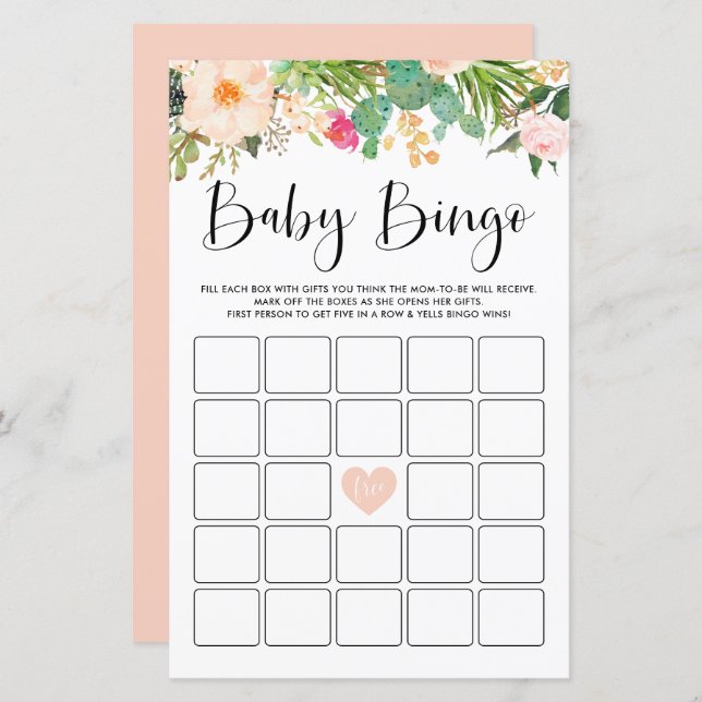 Boho Succulents Baby shower Bingo Game Card (Devant / Derrière)