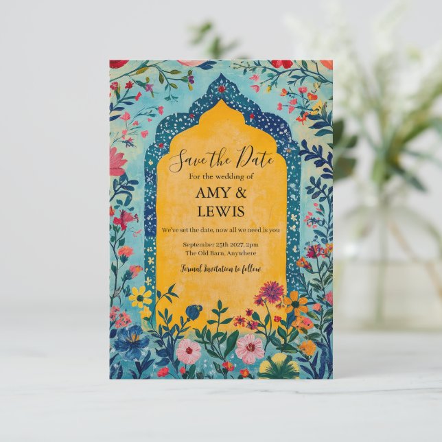 Boho Summer Blue Floral Save the Date Invitation (Debout devant)