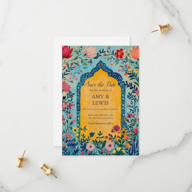 Boho Summer Blue Floral Save the Date Invitation (Devant/Arrière en situation)