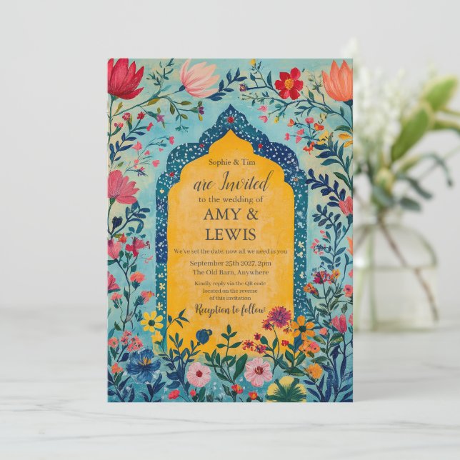 Boho Summer Blue Floral Wedding Invitation (Debout devant)
