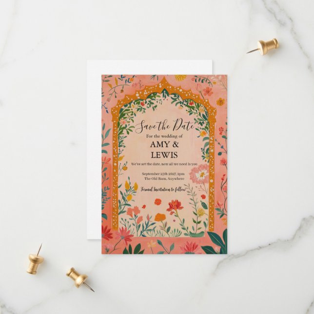 Boho Summer Pink Floral Save the Date Invitation (Devant/Arrière en situation)
