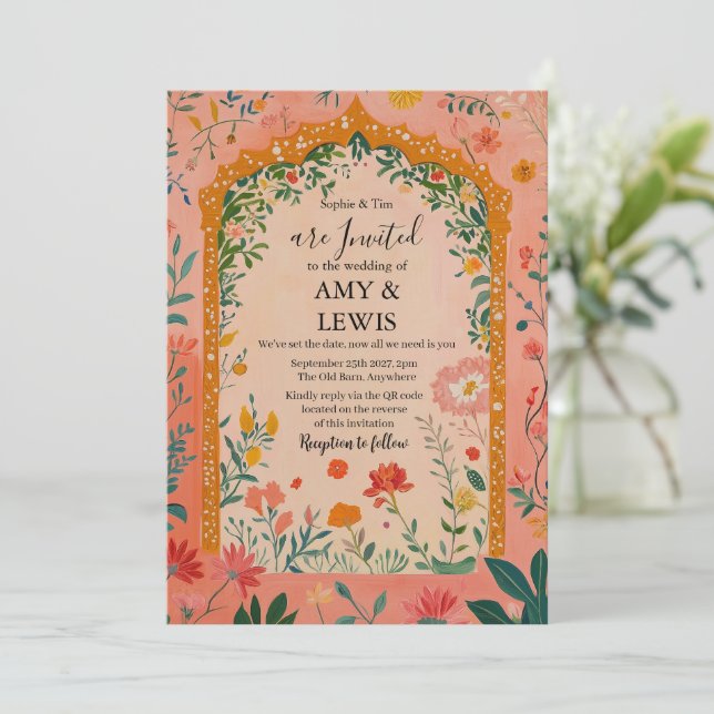 Boho Summer Pink Floral Wedding Invitation (Debout devant)