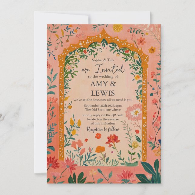 Boho Summer Pink Floral Wedding Invitation (Devant)