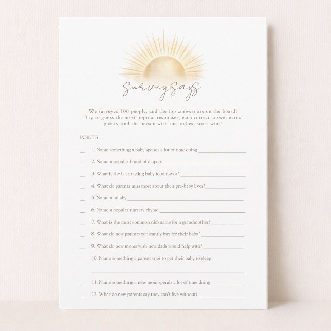 Boho Sun Baby Shower Jeu Sondage Dit Carte de Jeu (Créateur téléchargé)