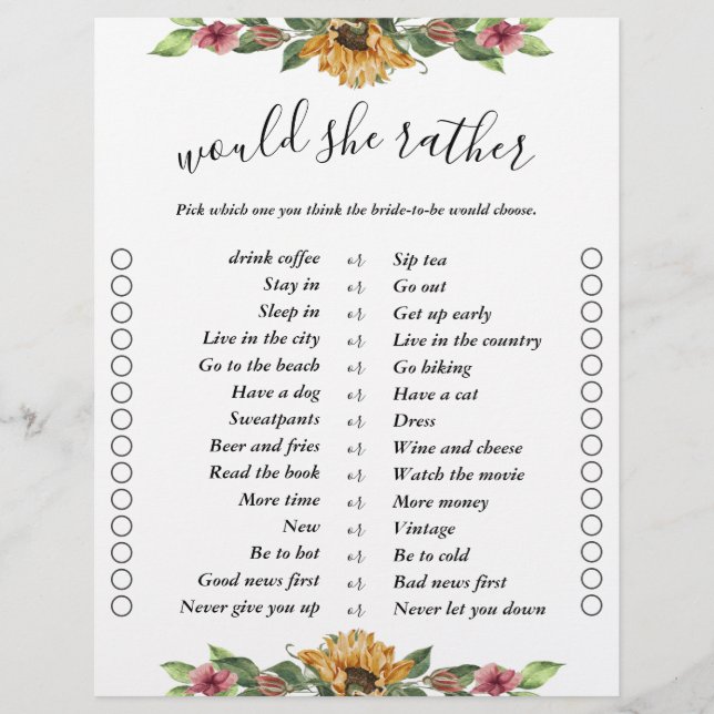 Boho Sunflower Deux côtés Bingo Fêtes des mariées  (Devant)