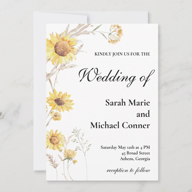 Boho Sunflower Faire-part de mariage botancien (Devant)