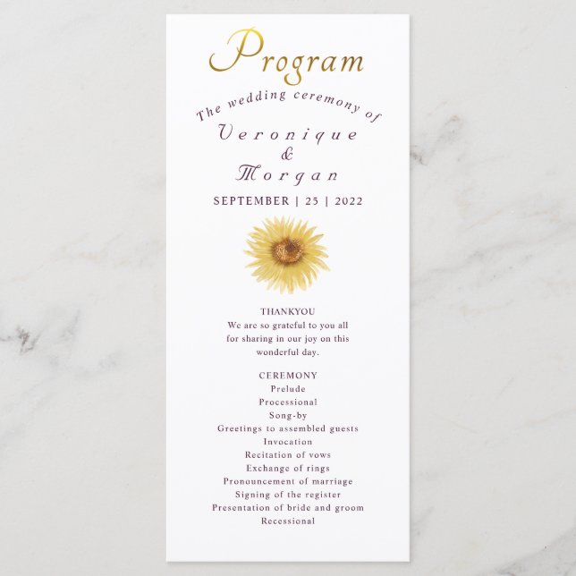 Boho Sunflower programme de mariage or floral scri (Devant)