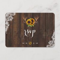 Boho Sunflowers Antlers Wood Lace Invitation RSVP