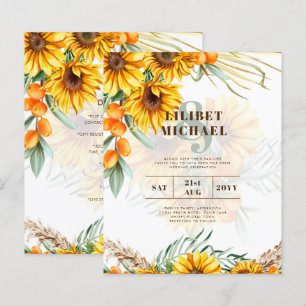 Boho Sunflowers Mariage rustique Inviter Double Cô