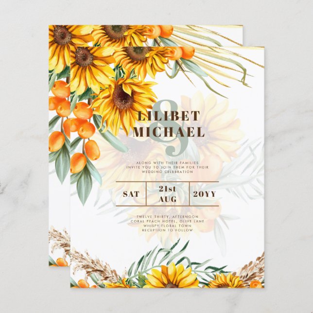 Boho Sunflowers Mariage rustique Inviter Double Cô (Devant / Derrière)