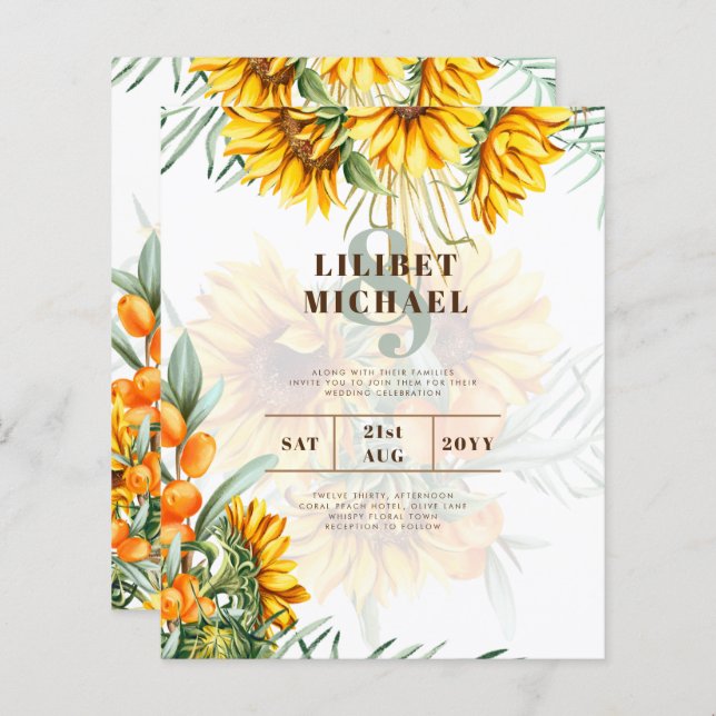 Boho Sunflowers Mariage rustique Inviter Double Cô (Devant / Derrière)