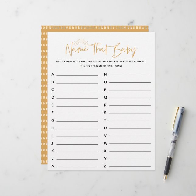 Boho Sunshine Nom Ce Jeu Baby shower (Devant/Arrière en situation)