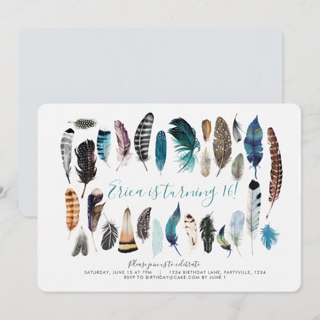 Boho Sweet 16 Plumes Invitation Anniversaire (Devant / Derrière)