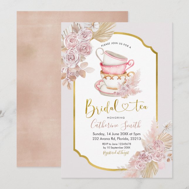 Boho Tea Party Invitation de la douche nuptiale (Devant / Derrière)