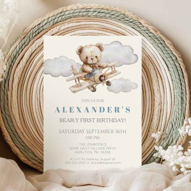 Boho Teddy Bear Avion Anniversaire Fête Invitation (Vintage Airplane and Teddy Bear Bear-y First Birthday Invitation)
