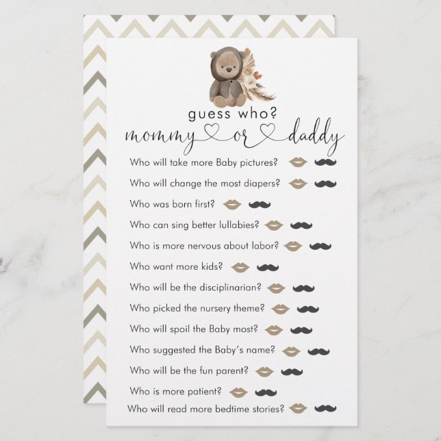 Boho Teddy Bear Baby shower Devinez Qui Joue (Devant / Derrière)