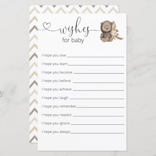 Boho Teddy Bear Baby shower Souhaite Pour Bébé (Devant / Derrière)