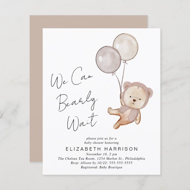 Boho Teddy Bear Balloons Baby shower Invitation (Devant / Derrière)