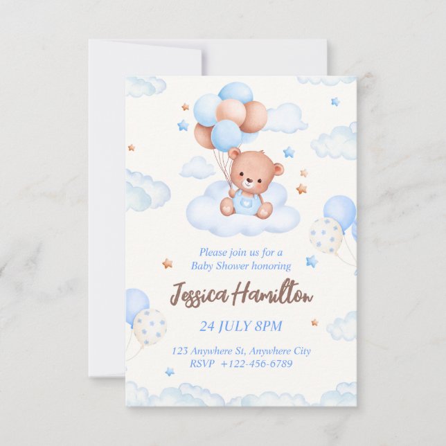 Boho Teddy Bear Boy Blue Baby shower Invitation (Devant)