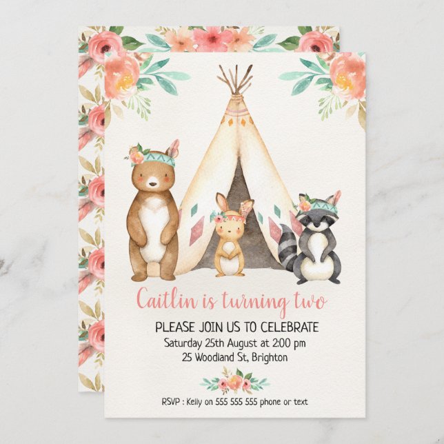Boho Teepee Bois Animaux Anniversaire Invitation (Devant / Derrière)