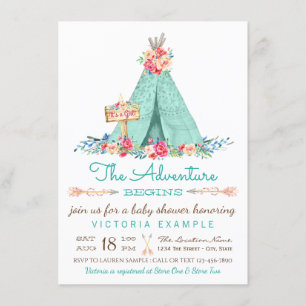 Boho TeePee Rustic Girl Shower Invitations