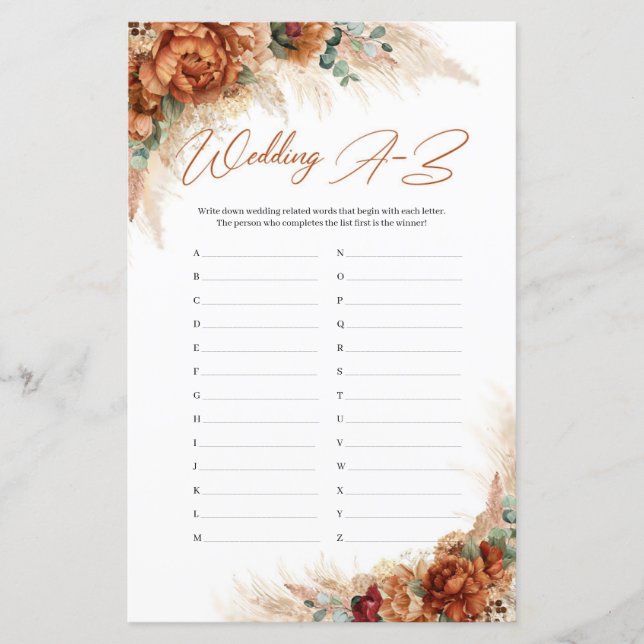 Boho terracotta bordeaux pampas herbe Mariage A-Z (Devant)