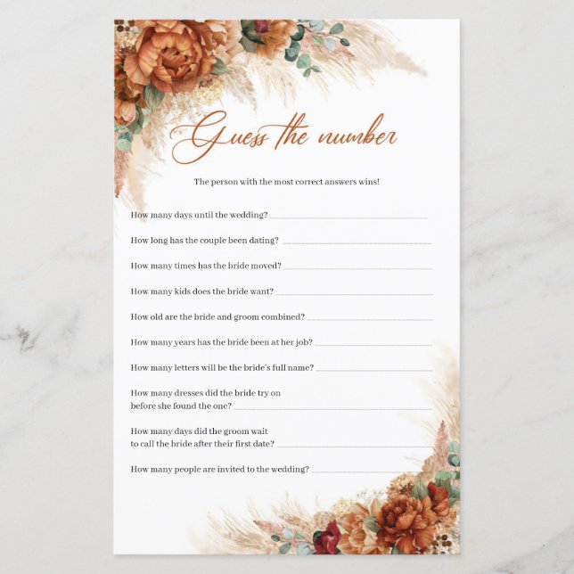 Boho terracotta burgundy pampas Devis Le numéro (Devant)