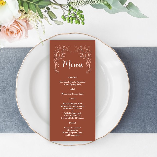 Boho Terracotta Burnt Orange Floral Menu Mariage (terracotta wedding menu, trendy elegant modern rustic menu, earthy tones wedding menu)