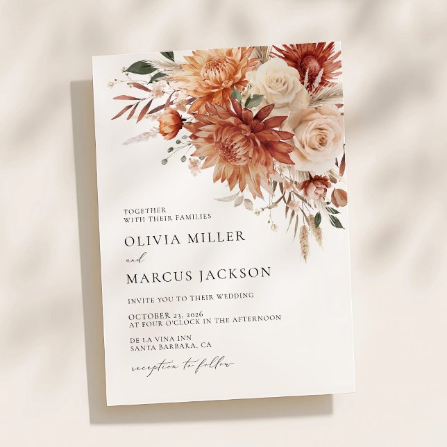 Boho Terracotta Dahlia Rose Faire-part de mariage (Terracotta dahlia floral wedding invitation with elegant typography and warm autumn design)