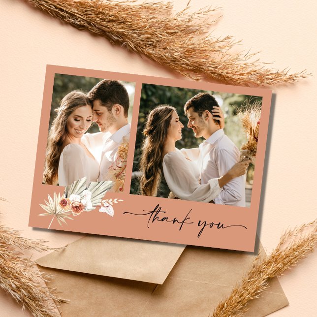 Boho Terracotta Deux Mariages photo Merci (Boho Terracotta Two Photo Wedding Thank You Card)