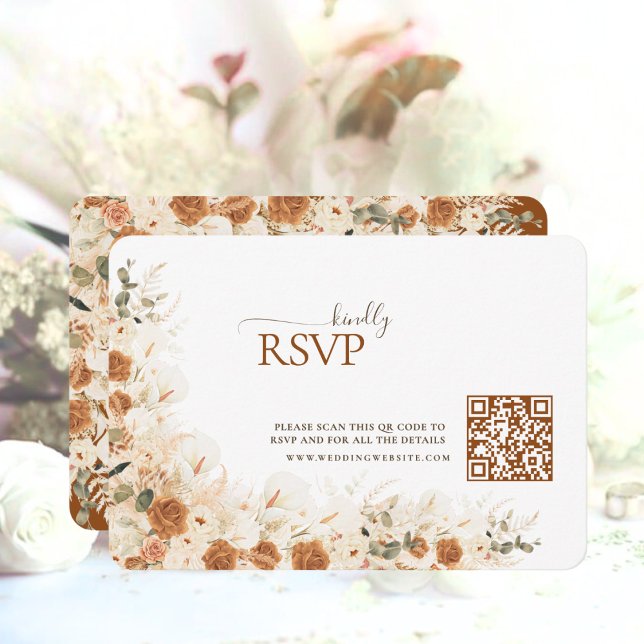 Boho Terracotta Floral QR Code Mariage carte RSVP (Créateur téléchargé)