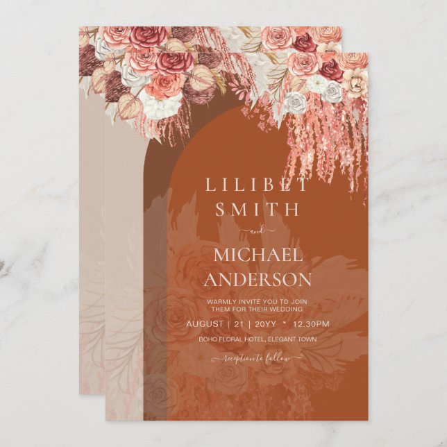 Boho Terracotta Rose Pampas Grass Mariage Floral (Devant / Derrière)