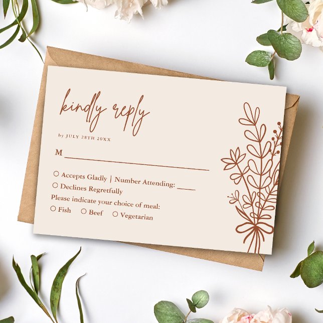 Boho Terracotta Rustique Réponse aimable Mariage (Boho terracotta kindly reply RSVP card keeps responses simple with warm rustic charm.)