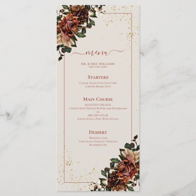 Boho Terracotta Verdure Floral Mariage Menu (Devant)