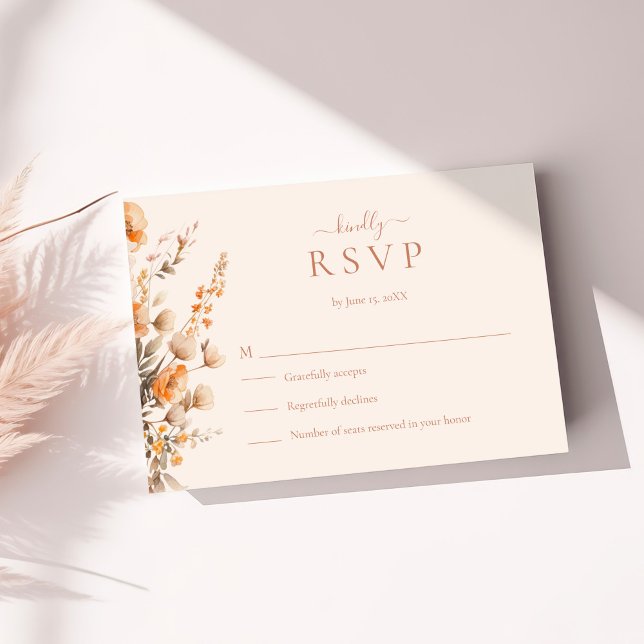 Boho Terracotta Wildflowers Wedding RSVP Card (Boho Terracotta Wildflowers Wedding RSVP Card on a sunny table with dry botanicals)