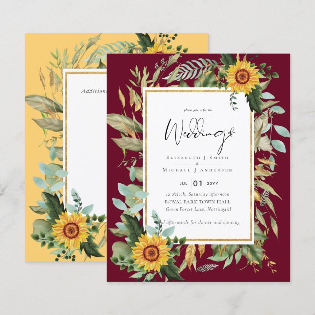 Boho Tournesols verdure Aquarelle BUDGET Mariage (Devant / Derrière)