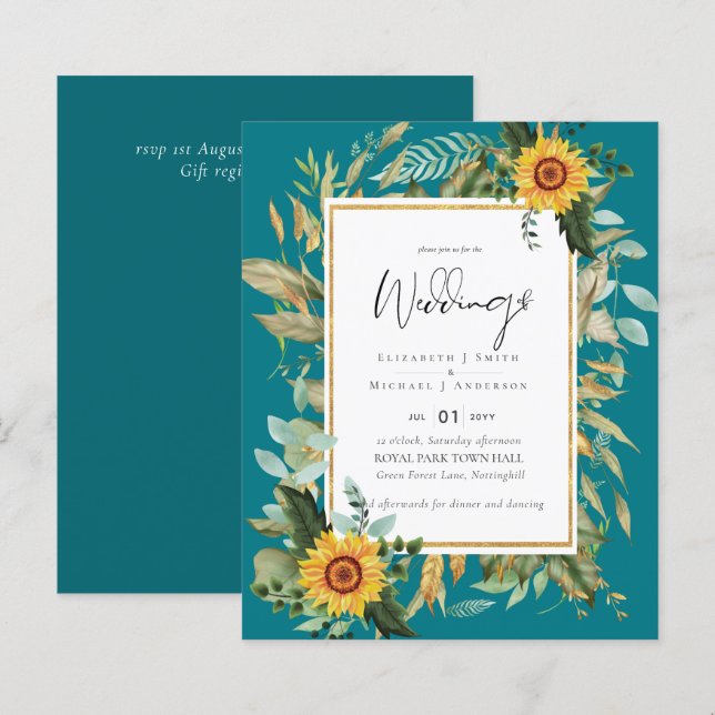 Boho Tournesols verdure Aquarelle BUDGET Mariage (Devant / Derrière)