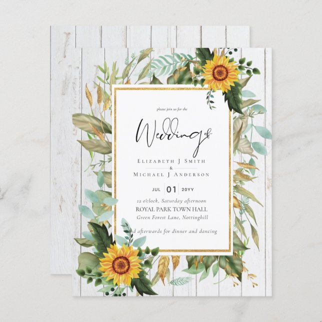 Boho Tournesols verdure Aquarelle BUDGET Mariage (Devant / Derrière)