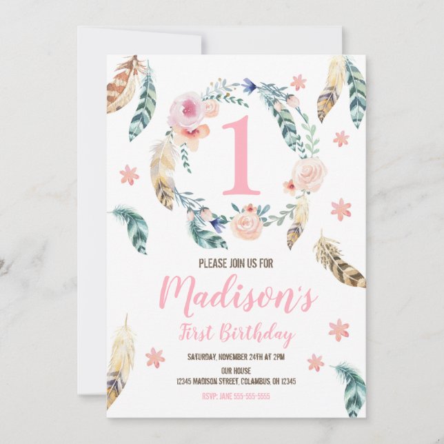 Boho Tribal 1er anniversaire Invitation pour une f (Devant)