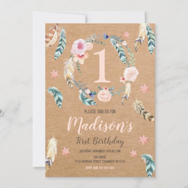Boho Tribal 1er anniversaire Invitation pour une f (Devant)