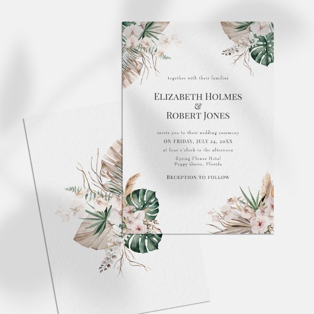 Boho Tropical Orchid & Monstera Faire-part de mari (Boho Tropical Orchid & Monstera Wedding Invitation on a white sunny table.)