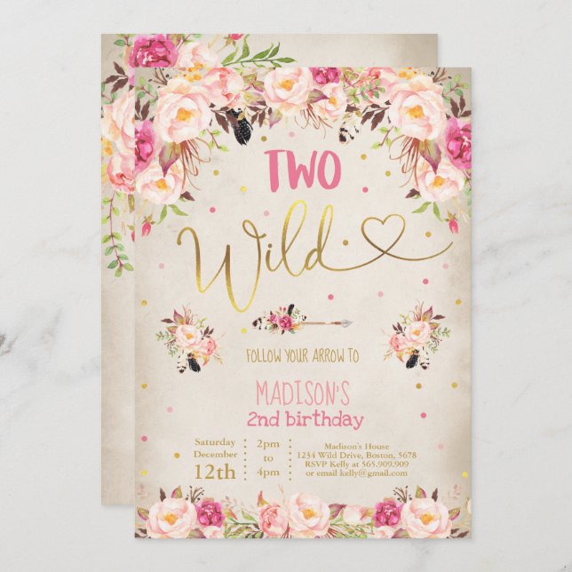 Boho Two Wild Birthday Invitation Aquarelle Boho (Devant / Derrière)